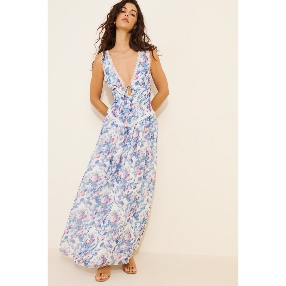 For Love & Lemons Audrey Floral Maxi Dress Womens XS Blue Pink Lace Plunge